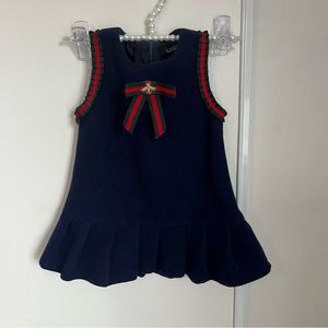 Little Girls Winter Bow Tie Dress in Navy Blue 12mo to 18mo